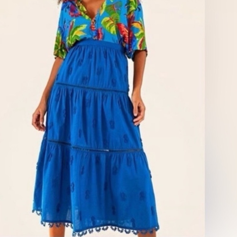 FAM RIO Blue 3D Pineapple Midi Skirt Size Small Embroidered